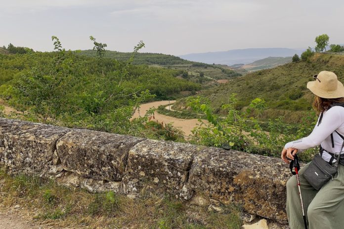 Woman sits on a stone fence and looks over a sprawling valley in Northern Spain, during her walk on the Camino de Santiago.