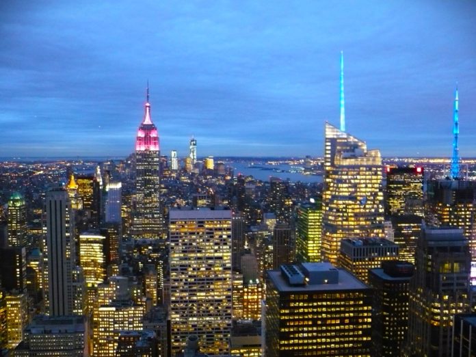 The skyline high above the streets of New York, as seen from the top of the Rockefeller Centre at sunset.