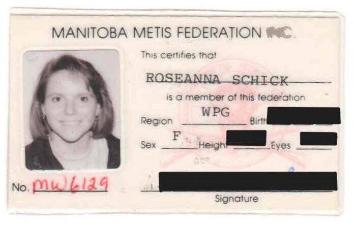 Jpg copy of RoseAnna Schick's Manitoba Metis Federation membership card - issued September 7, 1993.