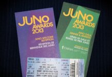 Finding inspiration one magical JUNO weekend Close up shot of tickets - one is green, one is purple - to the JUNO Awards reception, and Gala Awards. As well as one standard-looking ticket for the television show.