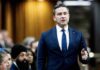 Disinformation Pipeline: Poilievre’s false claims travel from Ottawa to Washington Pierre Poilievre stands up to complain in Canada's House of Commons, as his Conservative colleagues look on.